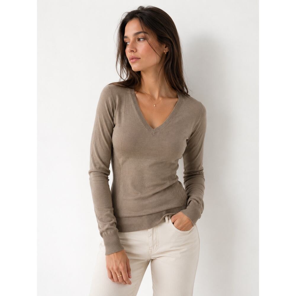 Poivre Blanc Taupe V Neck Sweater Ribbed Knit Stretch Minimalist Size XS Neutral